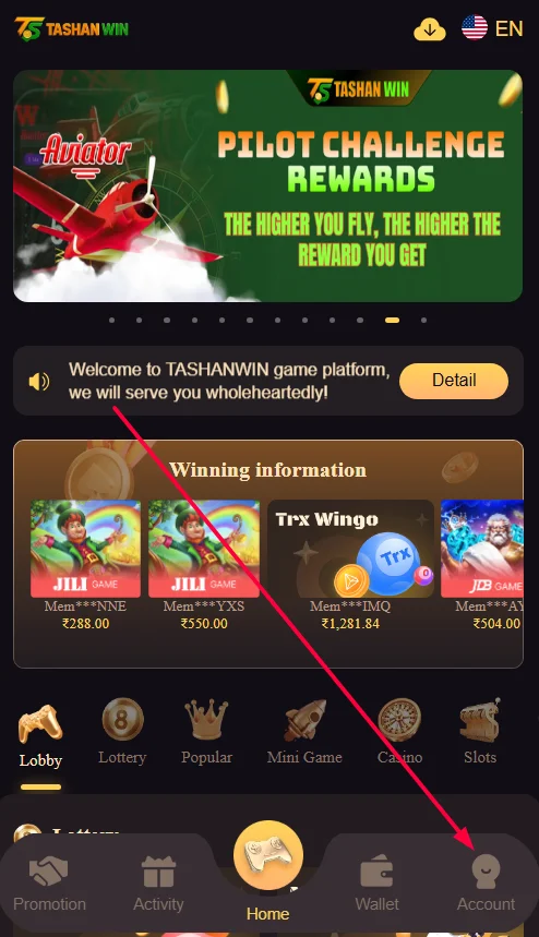 Tashan win Account page